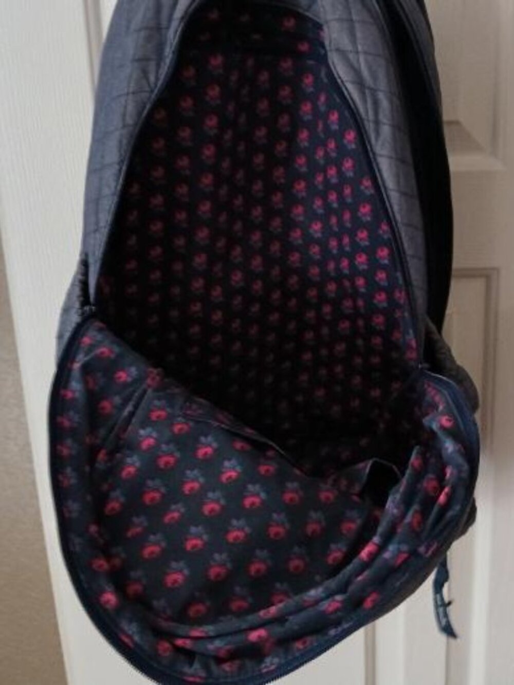 Vera Bradley blue quilted soft sided backpack with floral print inside - Picture 2 of 12